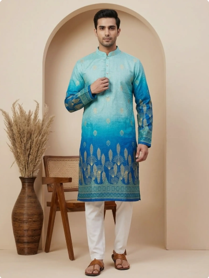 Men Printed Silk Kurta