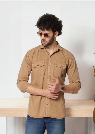 Men Brown Denim-Look Shirt