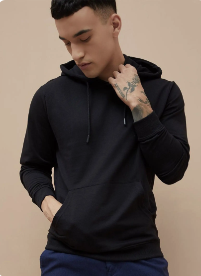 Men Black Kangaroo Pocket Hoodie