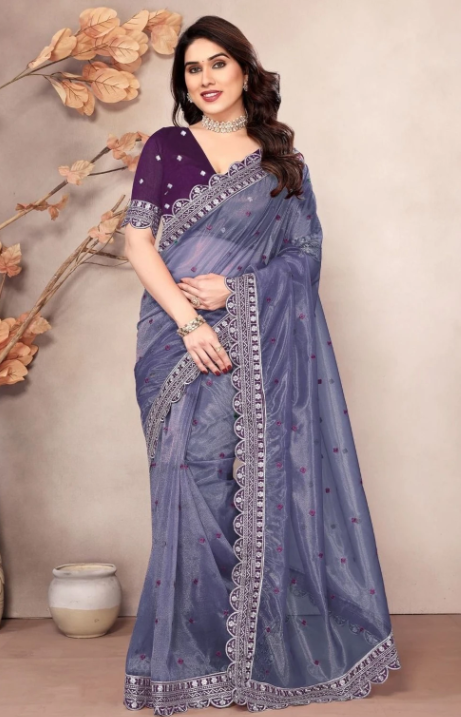 Women Net Saree with Embroidered Detail