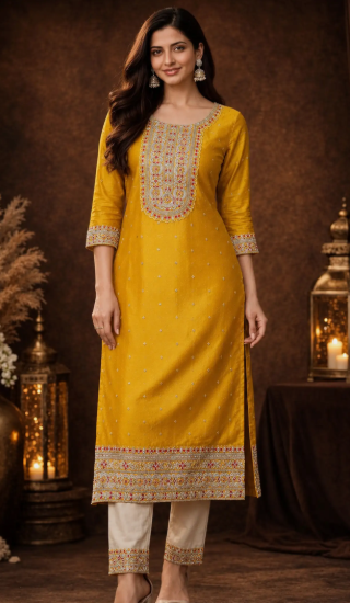 Women Embroidered Kurti (Yellow)
